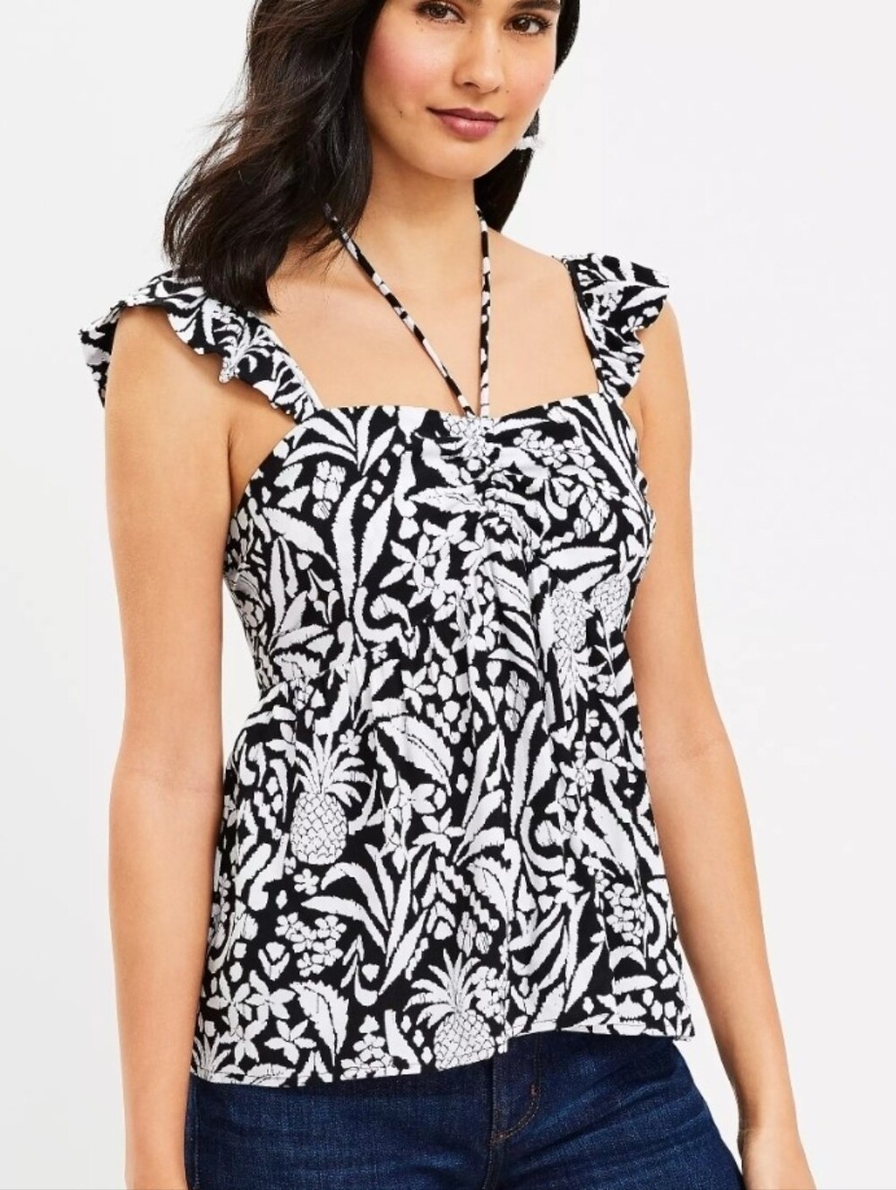 LOFT Black & White Pineapple Floral Ruffle Halter Smocked Peplum Tank Top Small